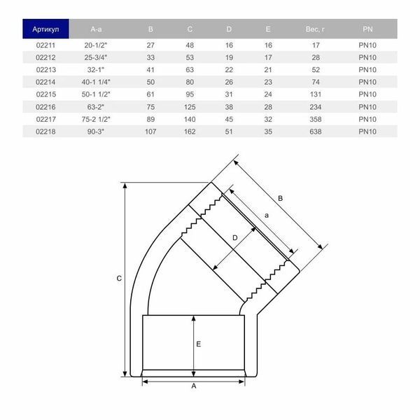 Коліно перехідне 45&deg; ПВХ Hidroten 1002211, внутрішня різьба, d20 мм, 1/2" AQ_30652 фото